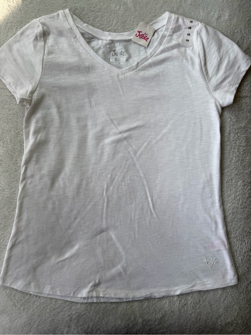 Justice Girls White V-Neck T-Shirt Size 14 NWT